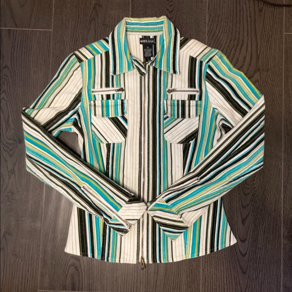 Vintage Wet Seal Women’s Striped Jacket Shirt S Turquoise White Black Zip Front